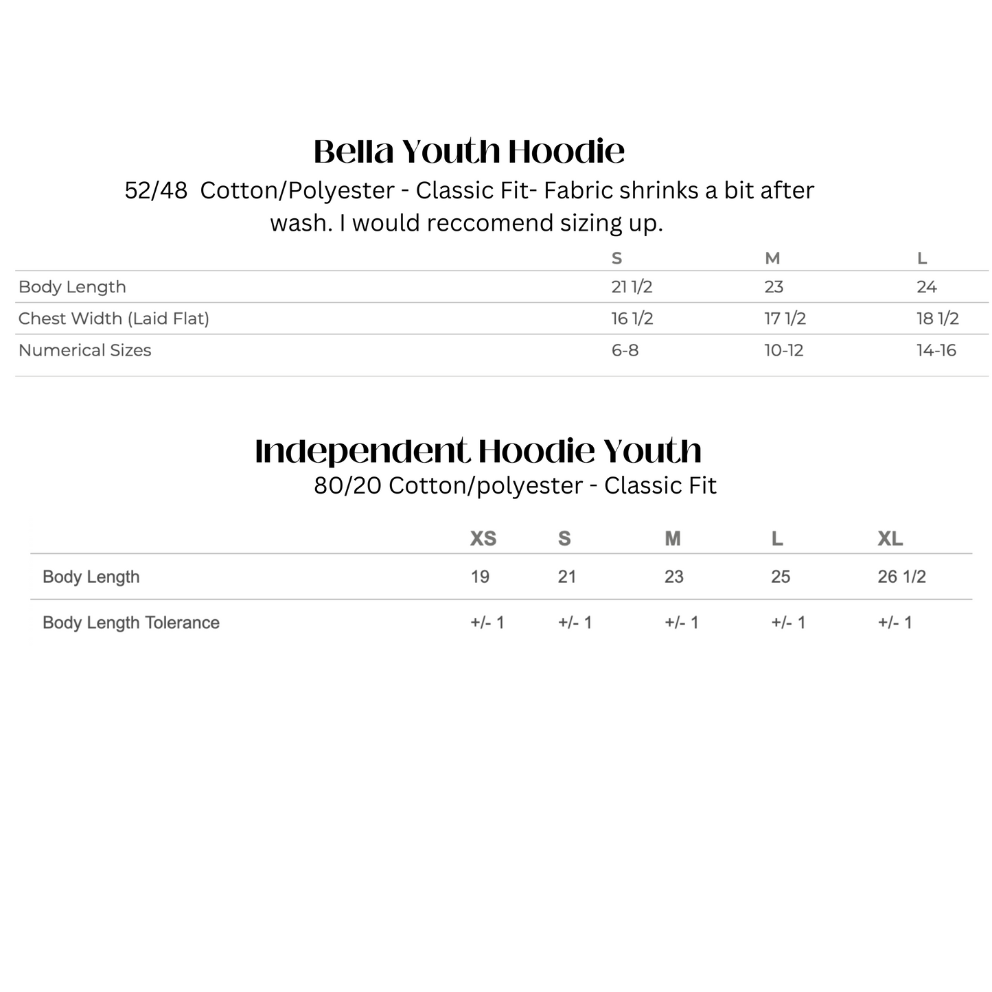 Size chart for Bella Youth Hoodie and Independent Hoodie Youth on a white background